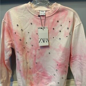 Zara Girl’s Pink and White Tie-Dye Sweatshirt with Rhinestones